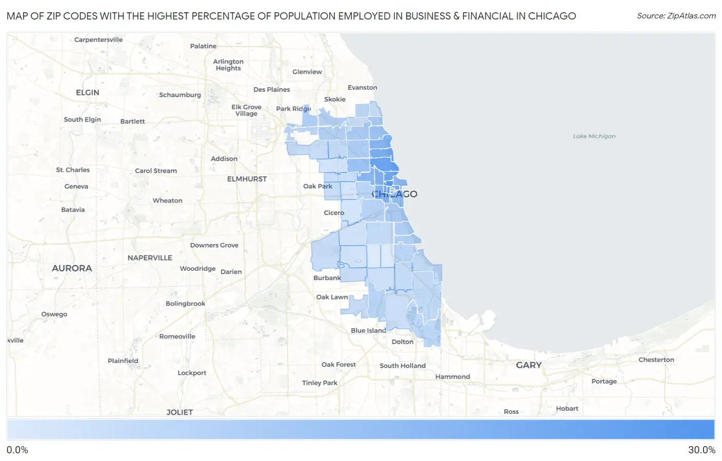 Zip Codes with the Highest Percentage of Population Employed in Business & Financial in Chicago Map
