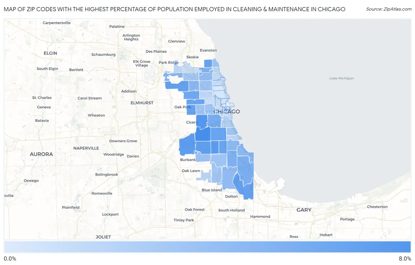 Zip Codes with the Highest Percentage of Population Employed in Cleaning & Maintenance in Chicago Map