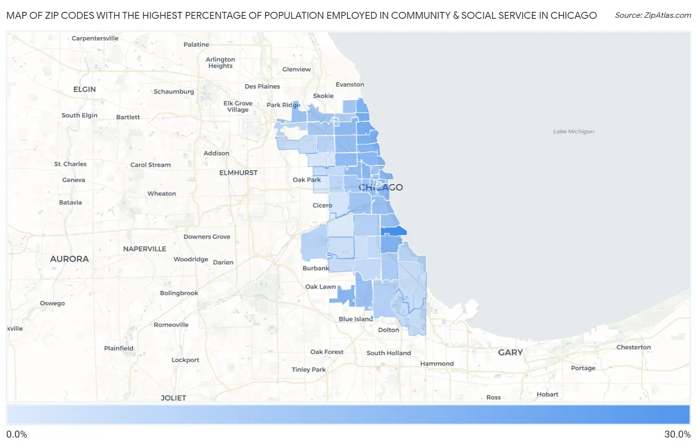 Zip Codes with the Highest Percentage of Population Employed in Community & Social Service  in Chicago Map