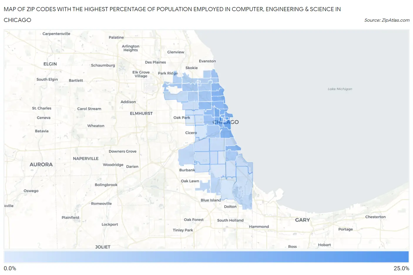 Zip Codes with the Highest Percentage of Population Employed in Computer, Engineering & Science in Chicago Map