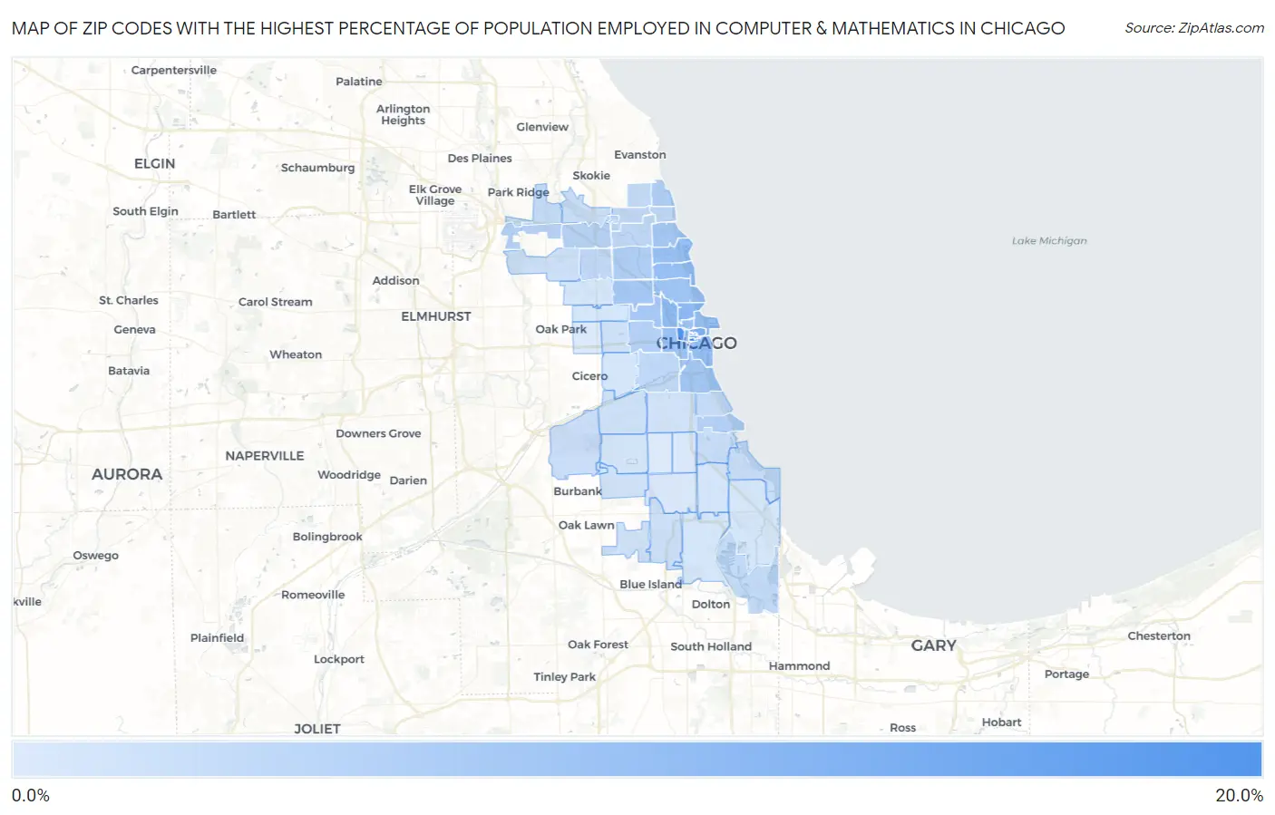 Zip Codes with the Highest Percentage of Population Employed in Computer & Mathematics in Chicago Map
