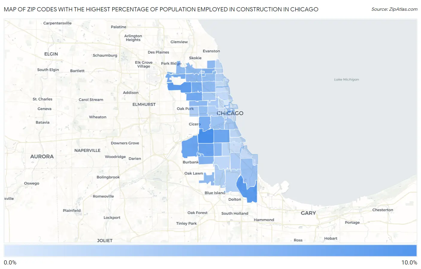 Zip Codes with the Highest Percentage of Population Employed in Construction in Chicago Map