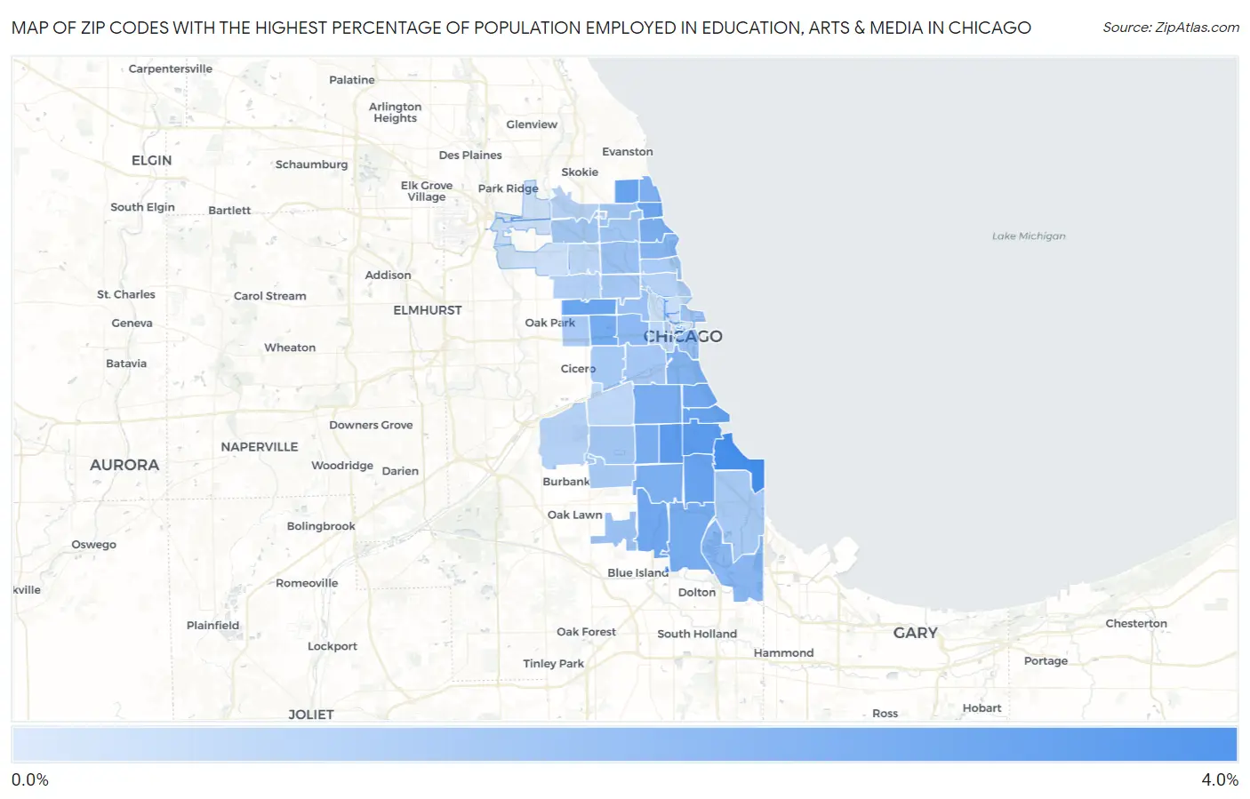 Zip Codes with the Highest Percentage of Population Employed in Education, Arts & Media in Chicago Map