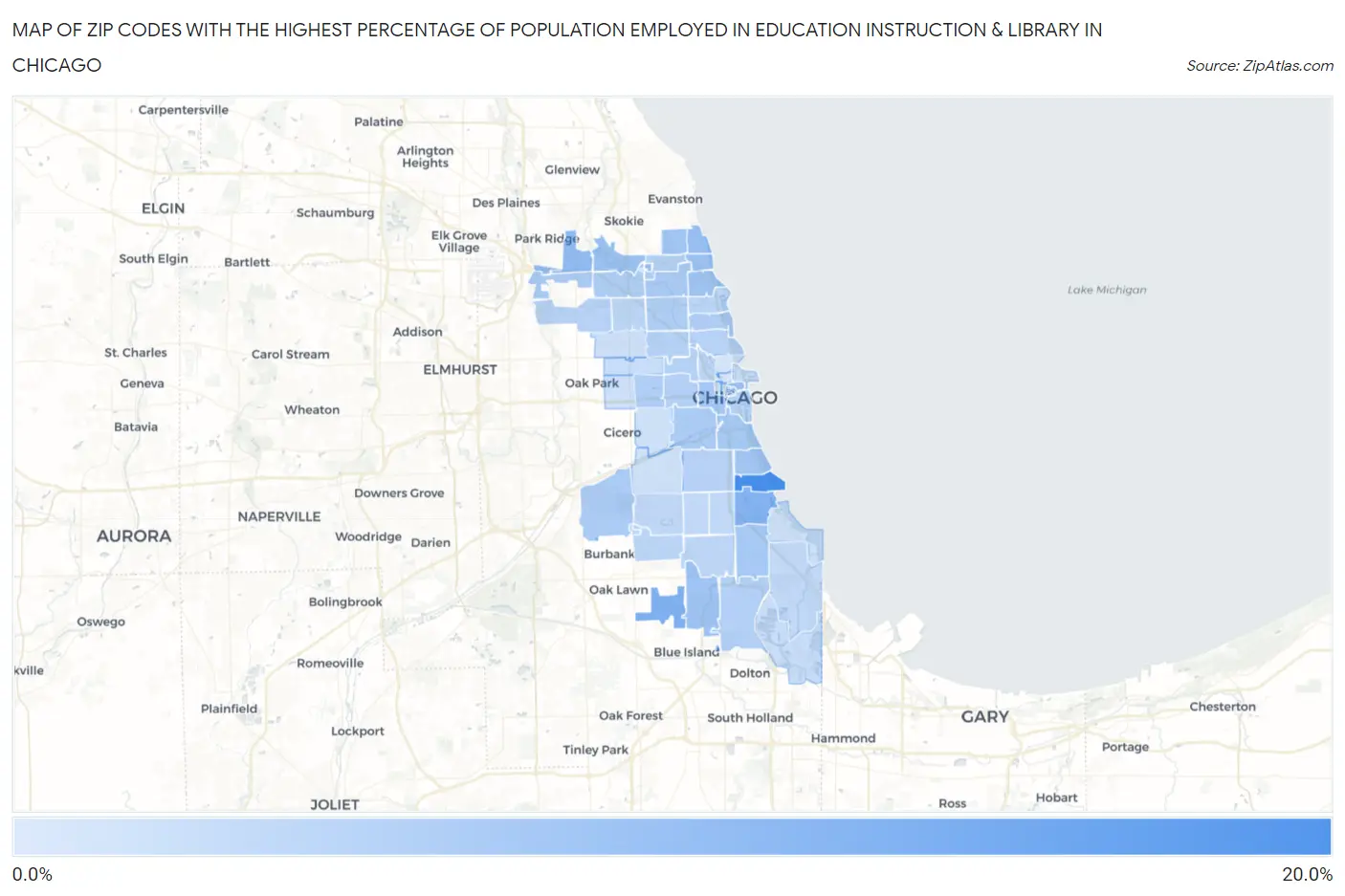 Zip Codes with the Highest Percentage of Population Employed in Education Instruction & Library in Chicago Map