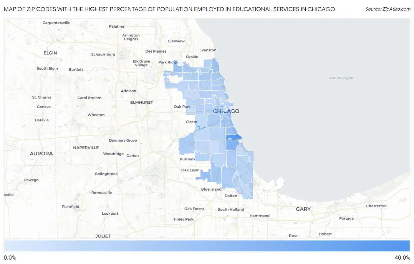 Zip Codes with the Highest Percentage of Population Employed in Educational Services in Chicago Map