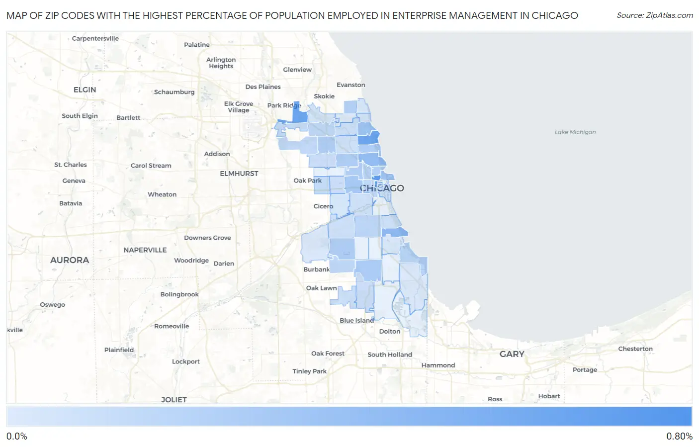 Zip Codes with the Highest Percentage of Population Employed in Enterprise Management in Chicago Map