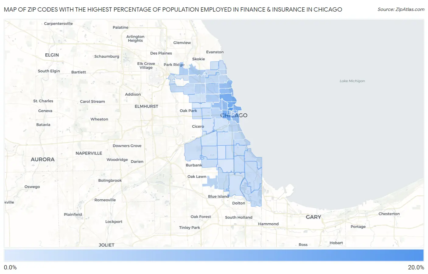 Zip Codes with the Highest Percentage of Population Employed in Finance & Insurance in Chicago Map