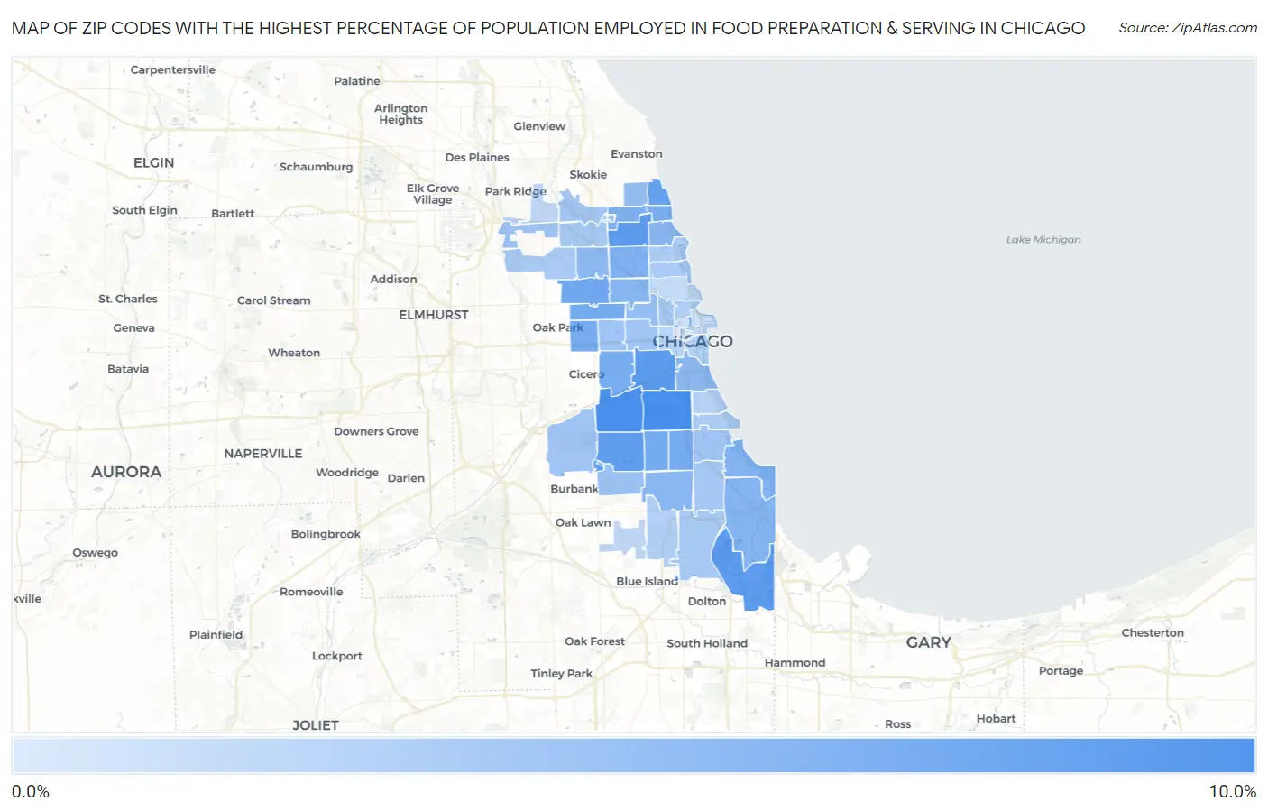 Zip Codes with the Highest Percentage of Population Employed in Food Preparation & Serving in Chicago Map