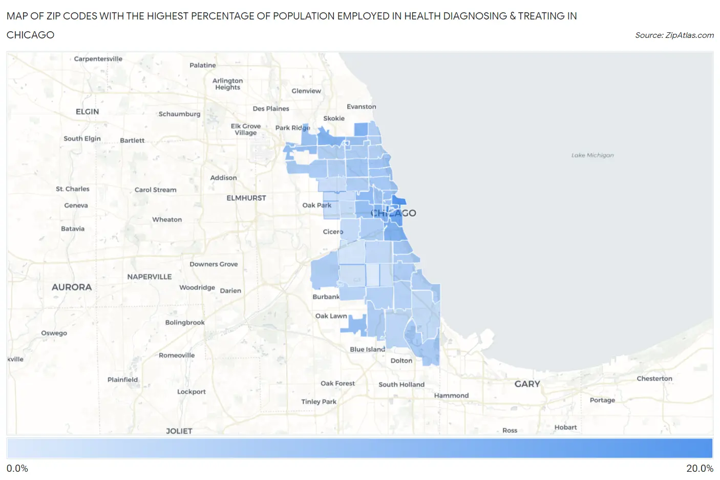 Zip Codes with the Highest Percentage of Population Employed in Health Diagnosing & Treating in Chicago Map