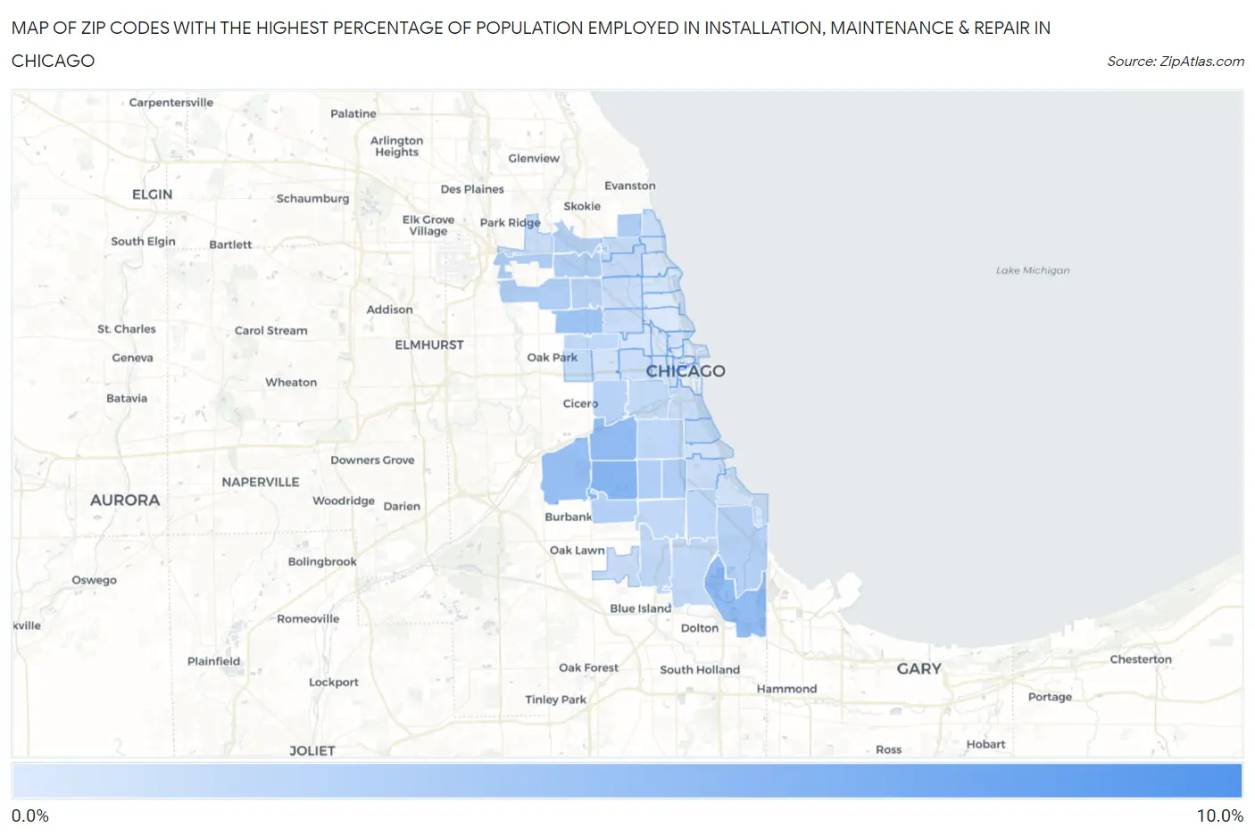 Zip Codes with the Highest Percentage of Population Employed in Installation, Maintenance & Repair in Chicago Map