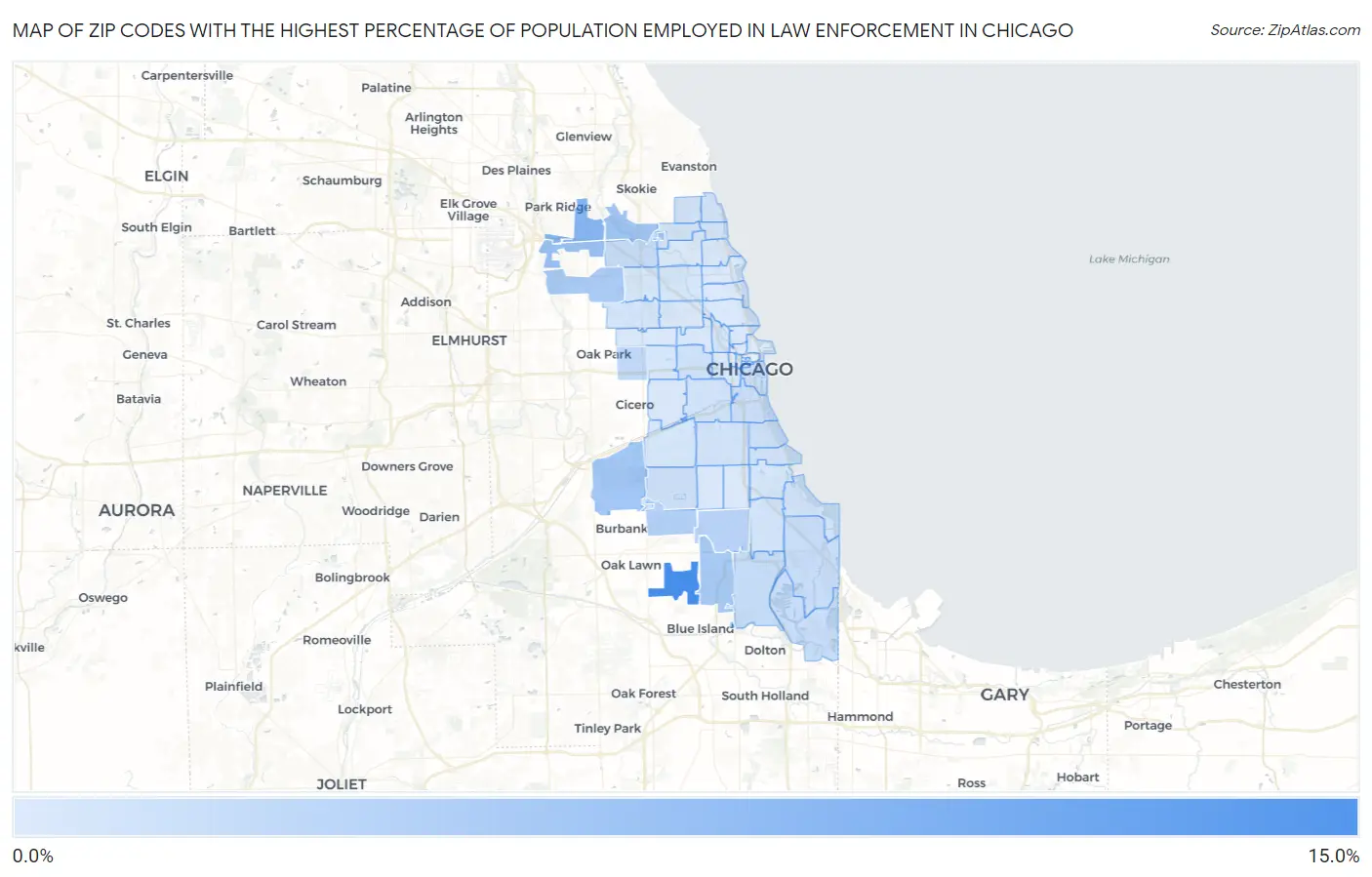 Zip Codes with the Highest Percentage of Population Employed in Law Enforcement in Chicago Map