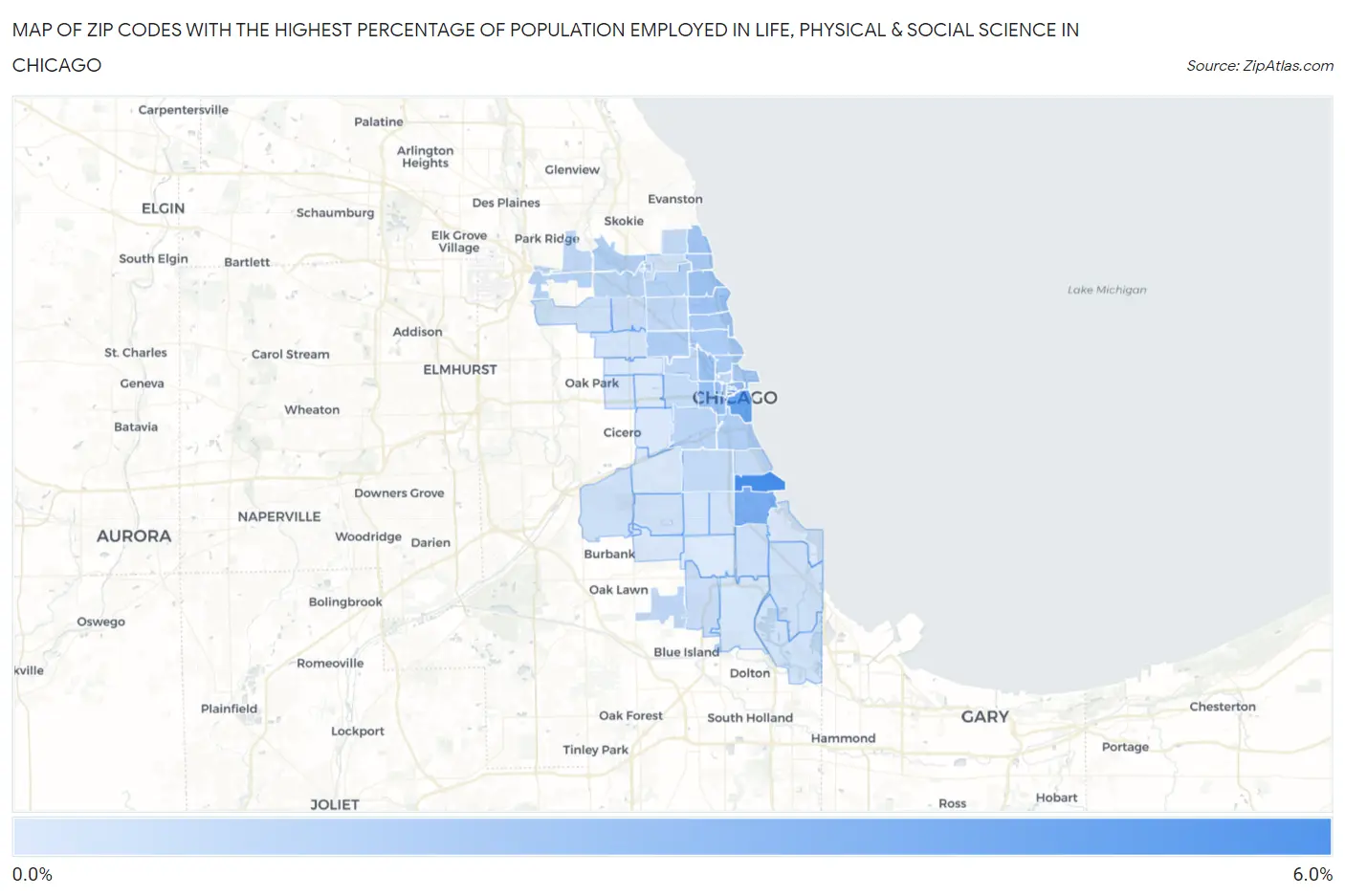 Zip Codes with the Highest Percentage of Population Employed in Life, Physical & Social Science in Chicago Map