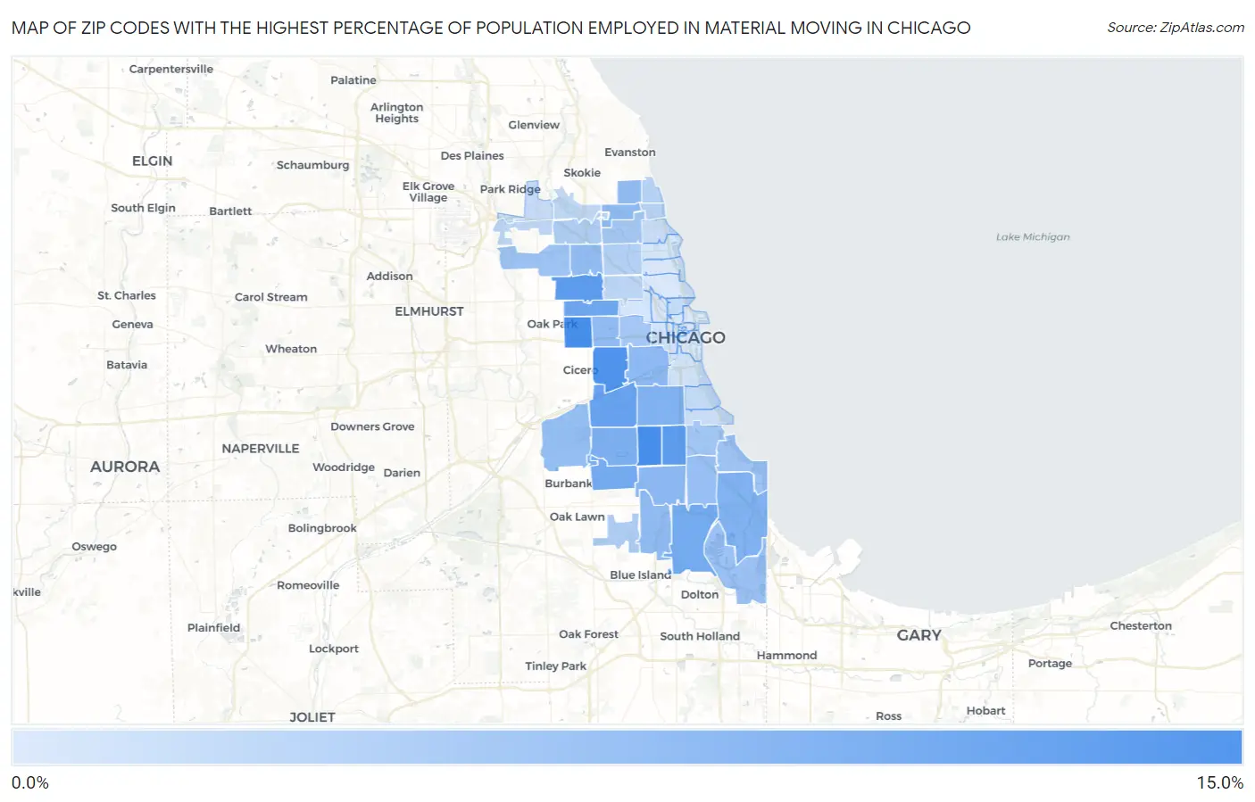 Zip Codes with the Highest Percentage of Population Employed in Material Moving in Chicago Map