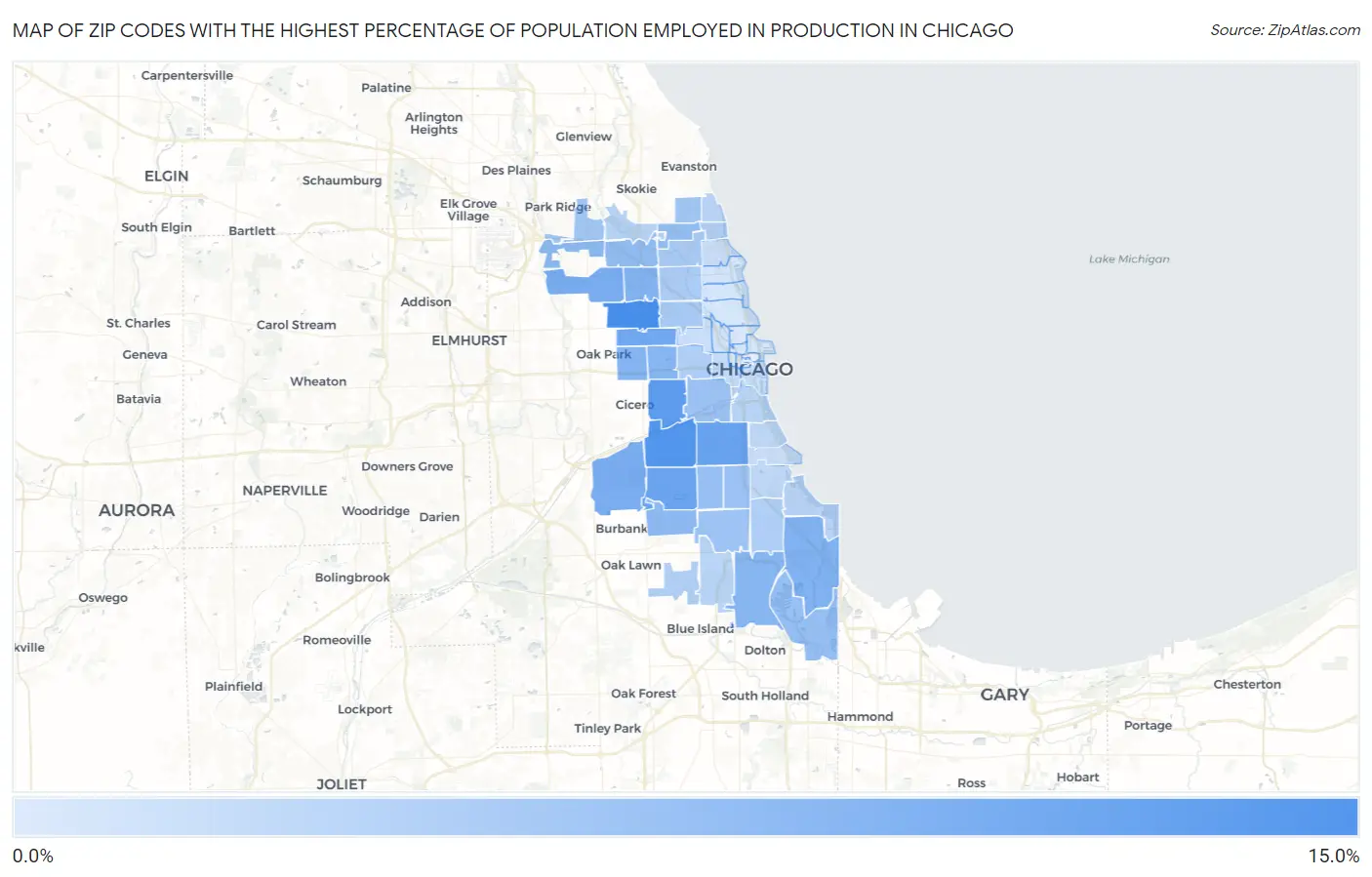 Zip Codes with the Highest Percentage of Population Employed in Production in Chicago Map