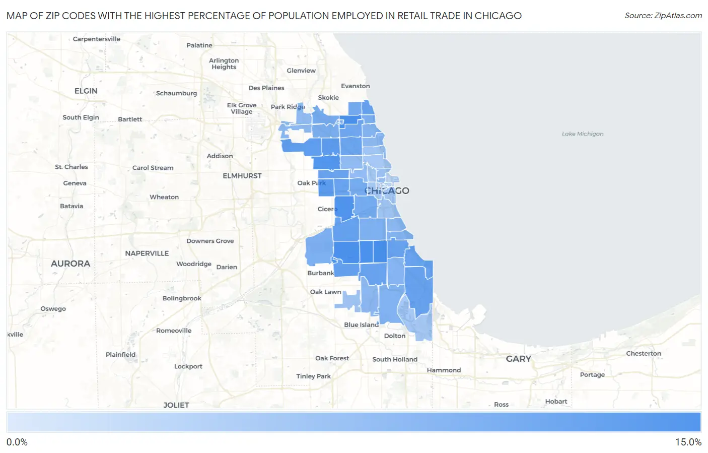 Zip Codes with the Highest Percentage of Population Employed in Retail Trade in Chicago Map
