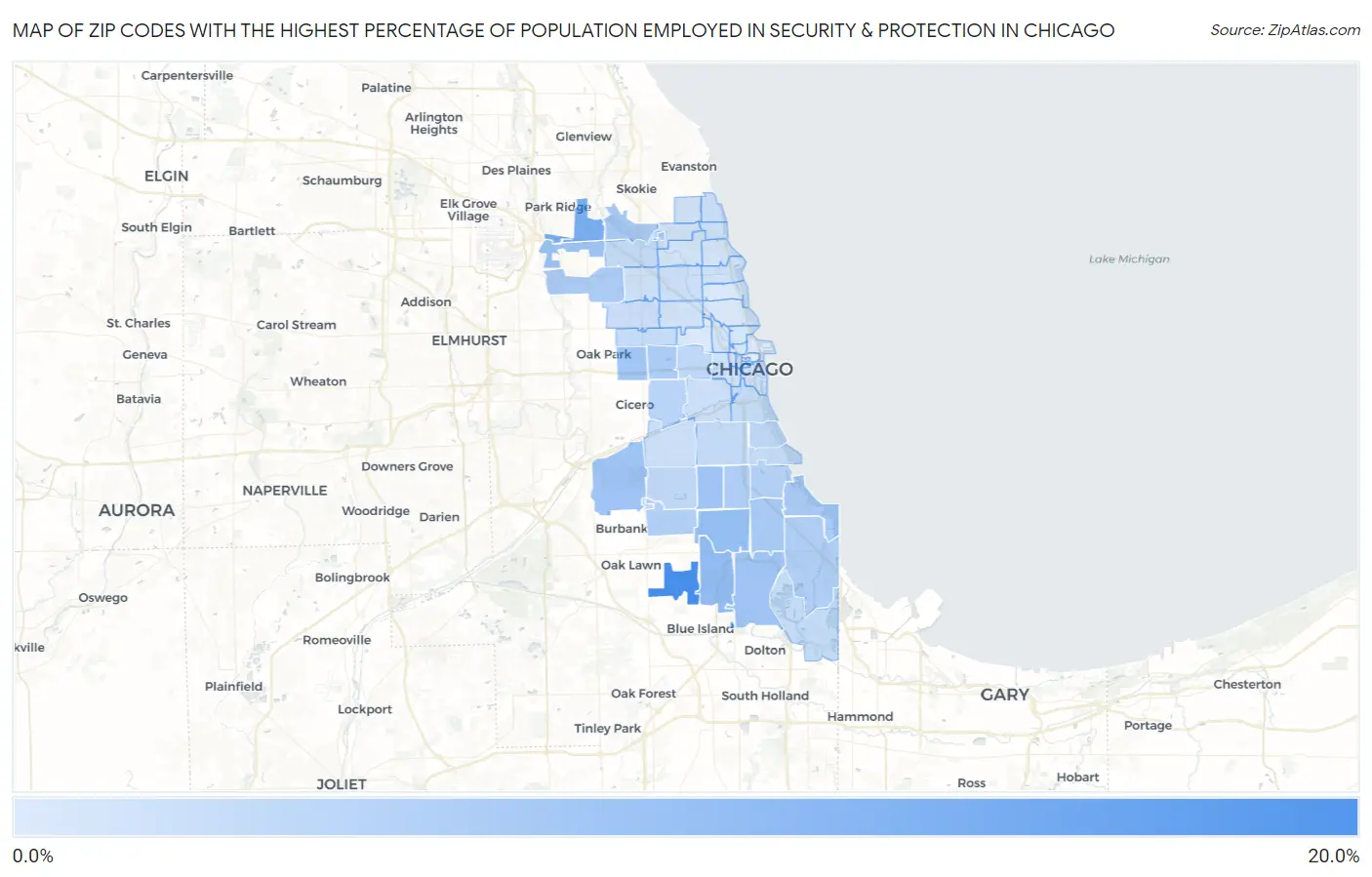 Zip Codes with the Highest Percentage of Population Employed in Security & Protection in Chicago Map