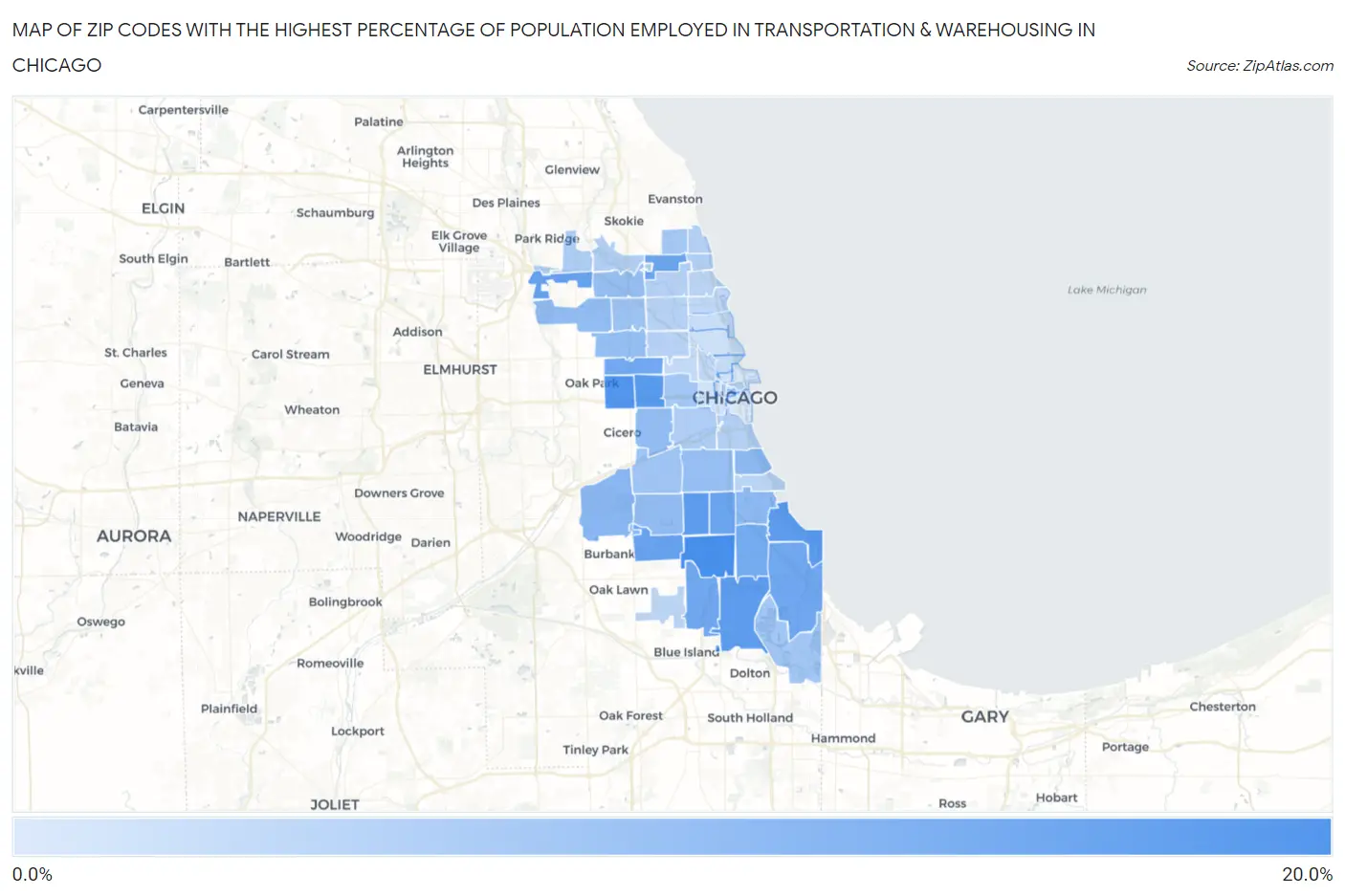 Zip Codes with the Highest Percentage of Population Employed in Transportation & Warehousing in Chicago Map