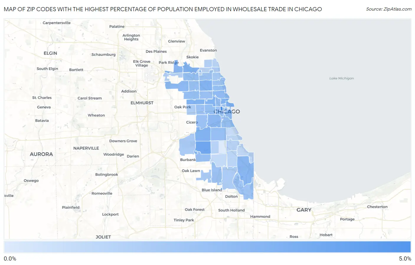 Zip Codes with the Highest Percentage of Population Employed in Wholesale Trade in Chicago Map