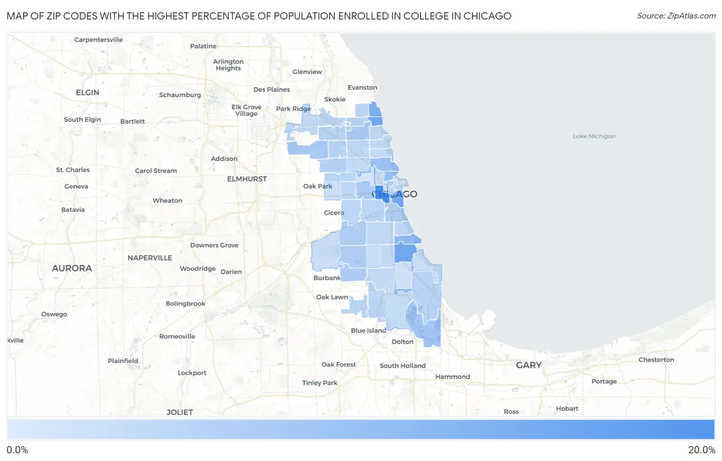 Zip Codes with the Highest Percentage of Population Enrolled in College in Chicago Map