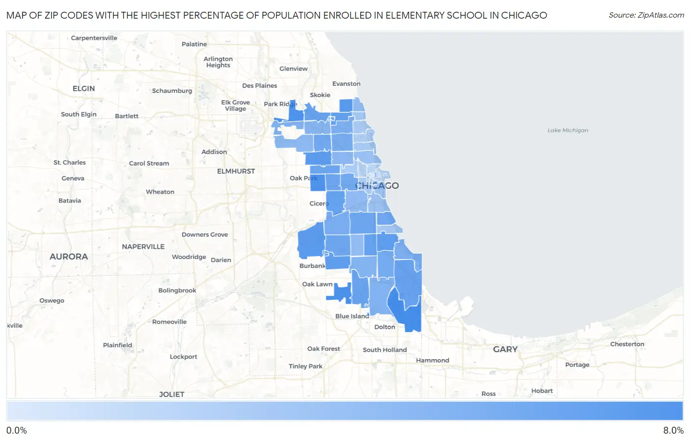 Zip Codes with the Highest Percentage of Population Enrolled in Elementary School in Chicago Map