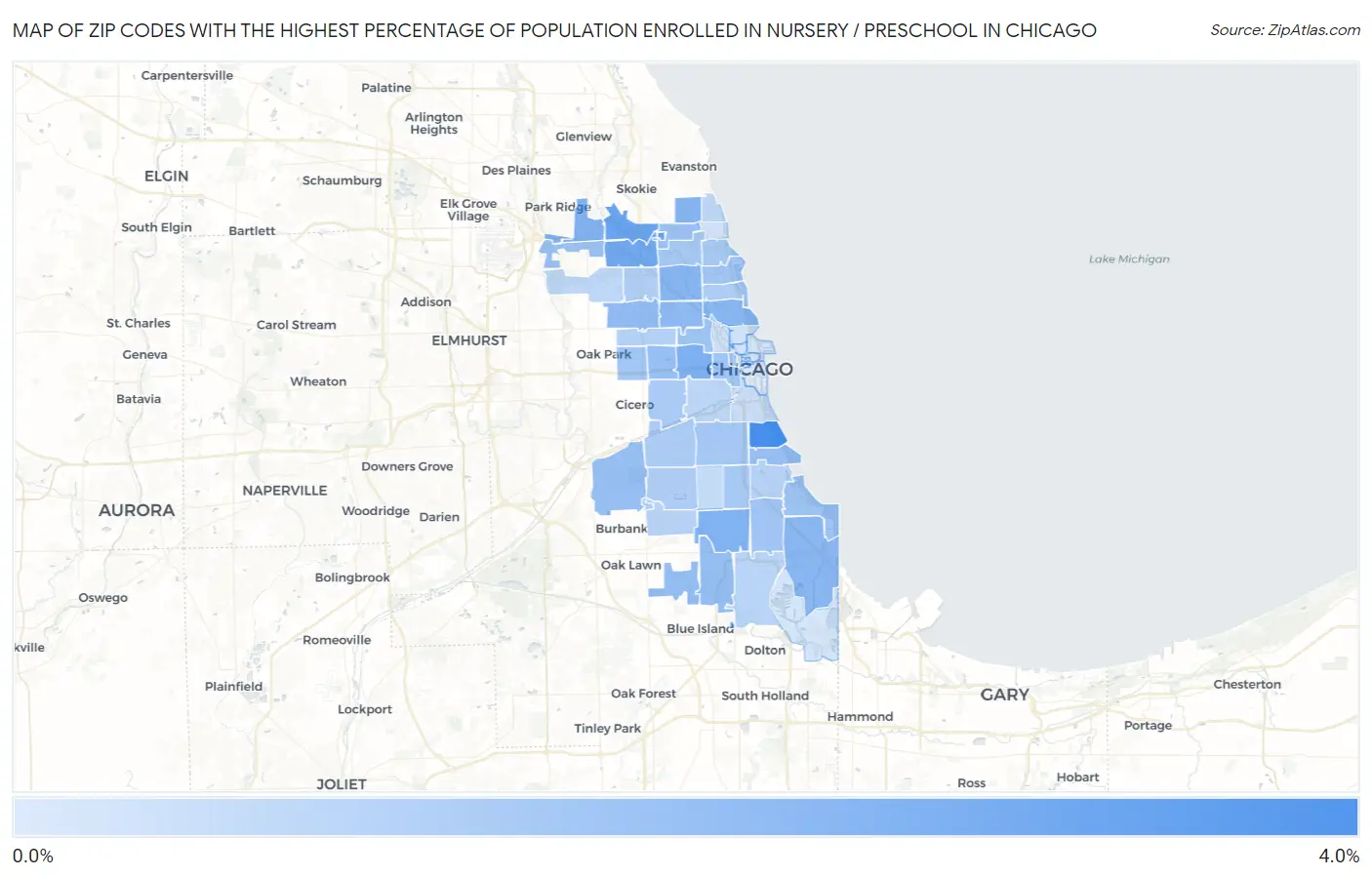 Zip Codes with the Highest Percentage of Population Enrolled in Nursery / Preschool in Chicago Map