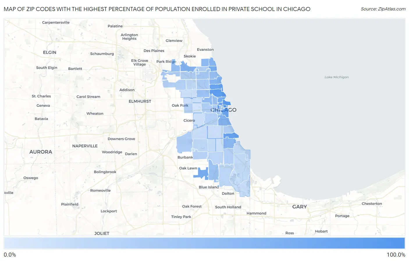 Zip Codes with the Highest Percentage of Population Enrolled in Private School in Chicago Map
