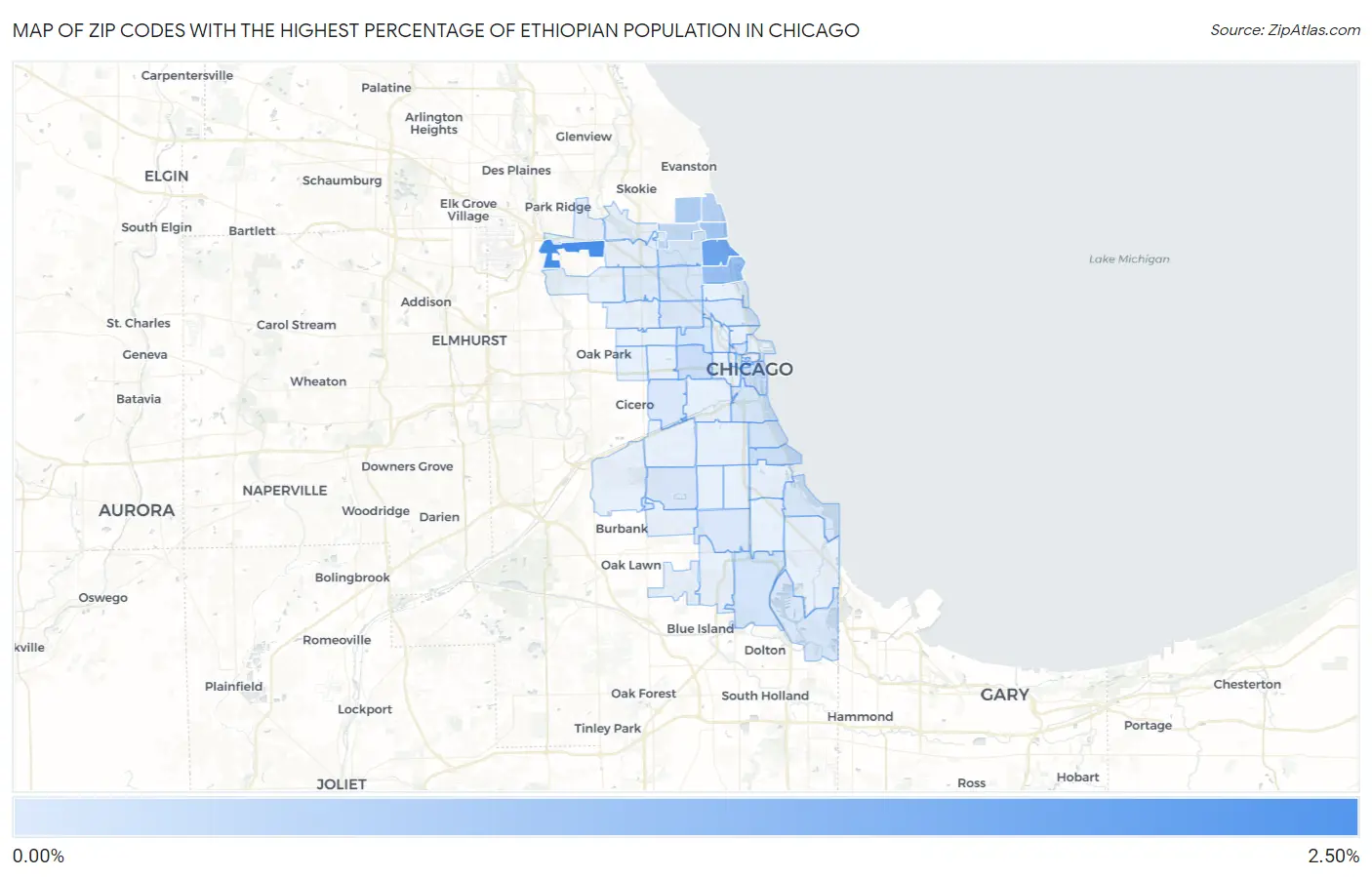 Zip Codes with the Highest Percentage of Ethiopian Population in Chicago Map