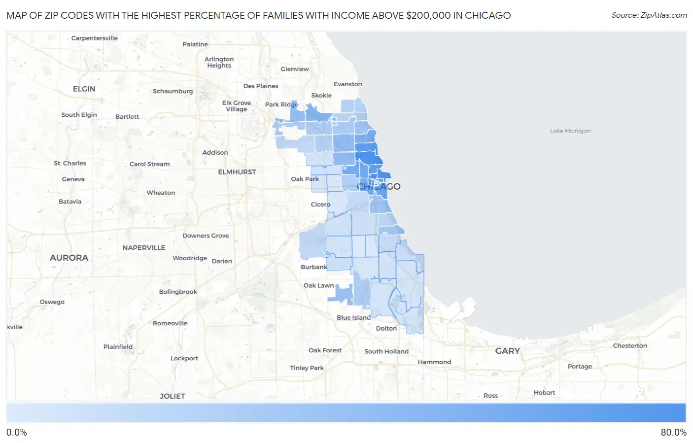 Zip Codes with the Highest Percentage of Families with Income Above $200,000 in Chicago Map