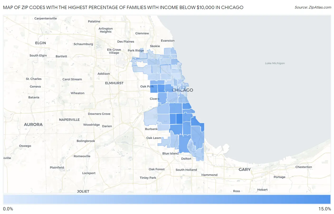 Zip Codes with the Highest Percentage of Families with Income Below $10,000 in Chicago Map