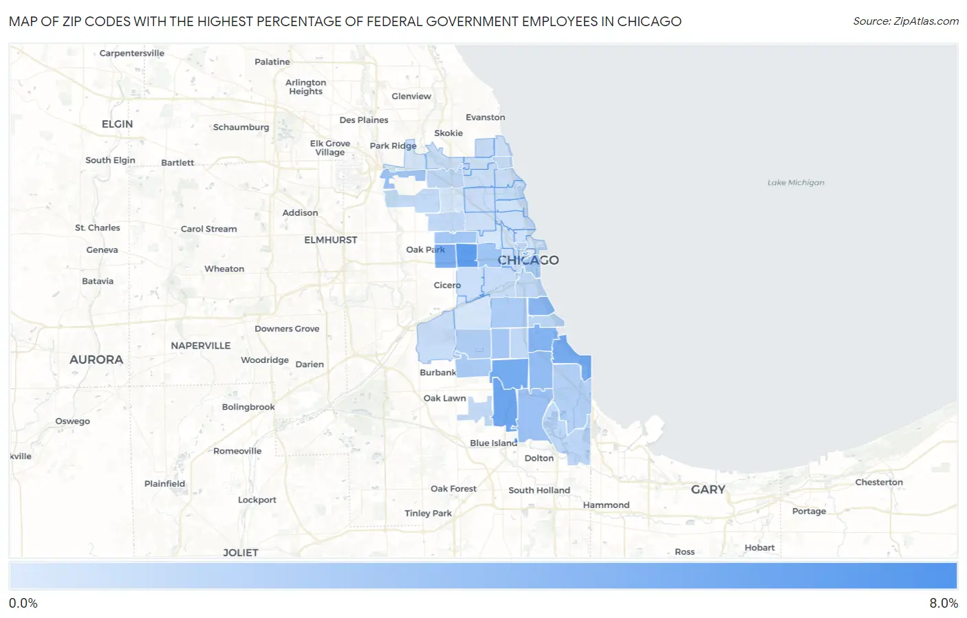 Zip Codes with the Highest Percentage of Federal Government Employees in Chicago Map