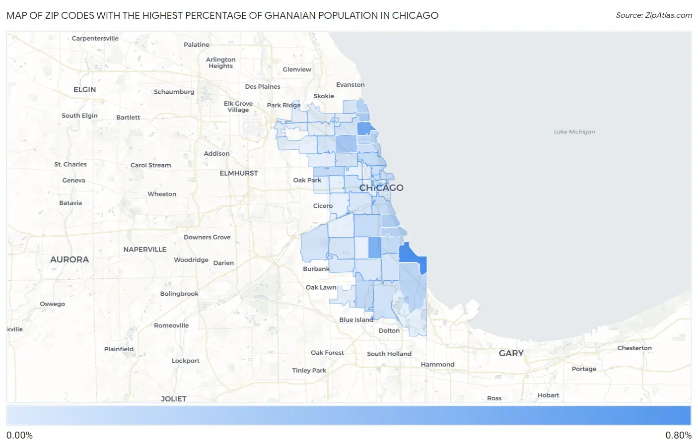 Zip Codes with the Highest Percentage of Ghanaian Population in Chicago Map