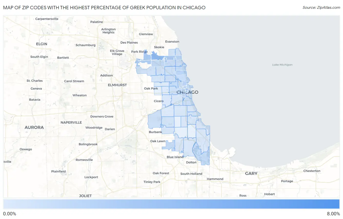 Zip Codes with the Highest Percentage of Greek Population in Chicago Map