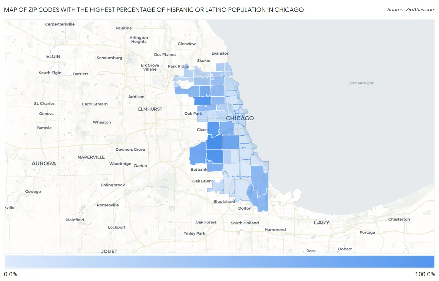 Zip Codes with the Highest Percentage of Hispanic or Latino Population in Chicago Map