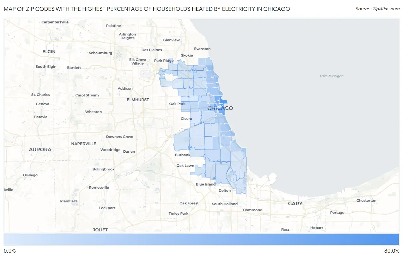 Zip Codes with the Highest Percentage of Households Heated by Electricity in Chicago Map