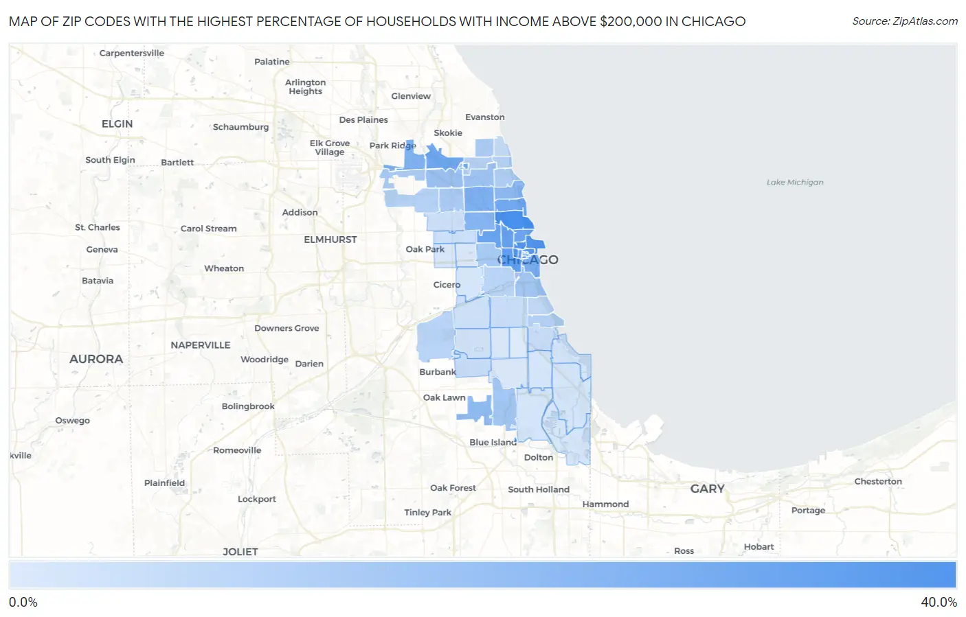 Zip Codes with the Highest Percentage of Households with Income Above $200,000 in Chicago Map