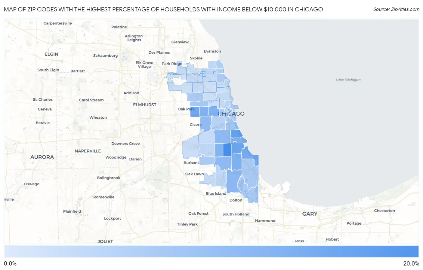 Zip Codes with the Highest Percentage of Households with Income Below $10,000 in Chicago Map