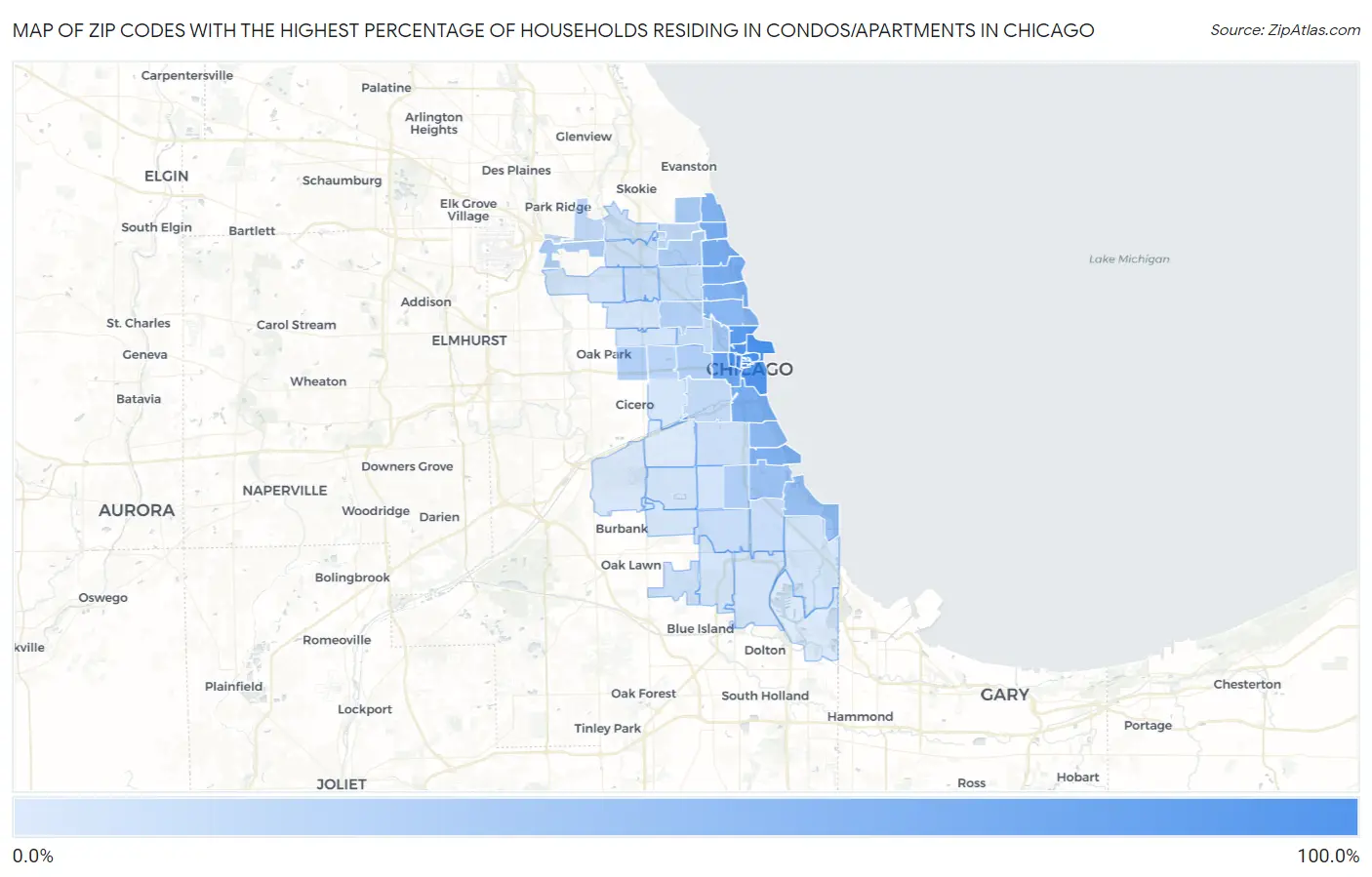 Zip Codes with the Highest Percentage of Households Residing in Condos/Apartments in Chicago Map