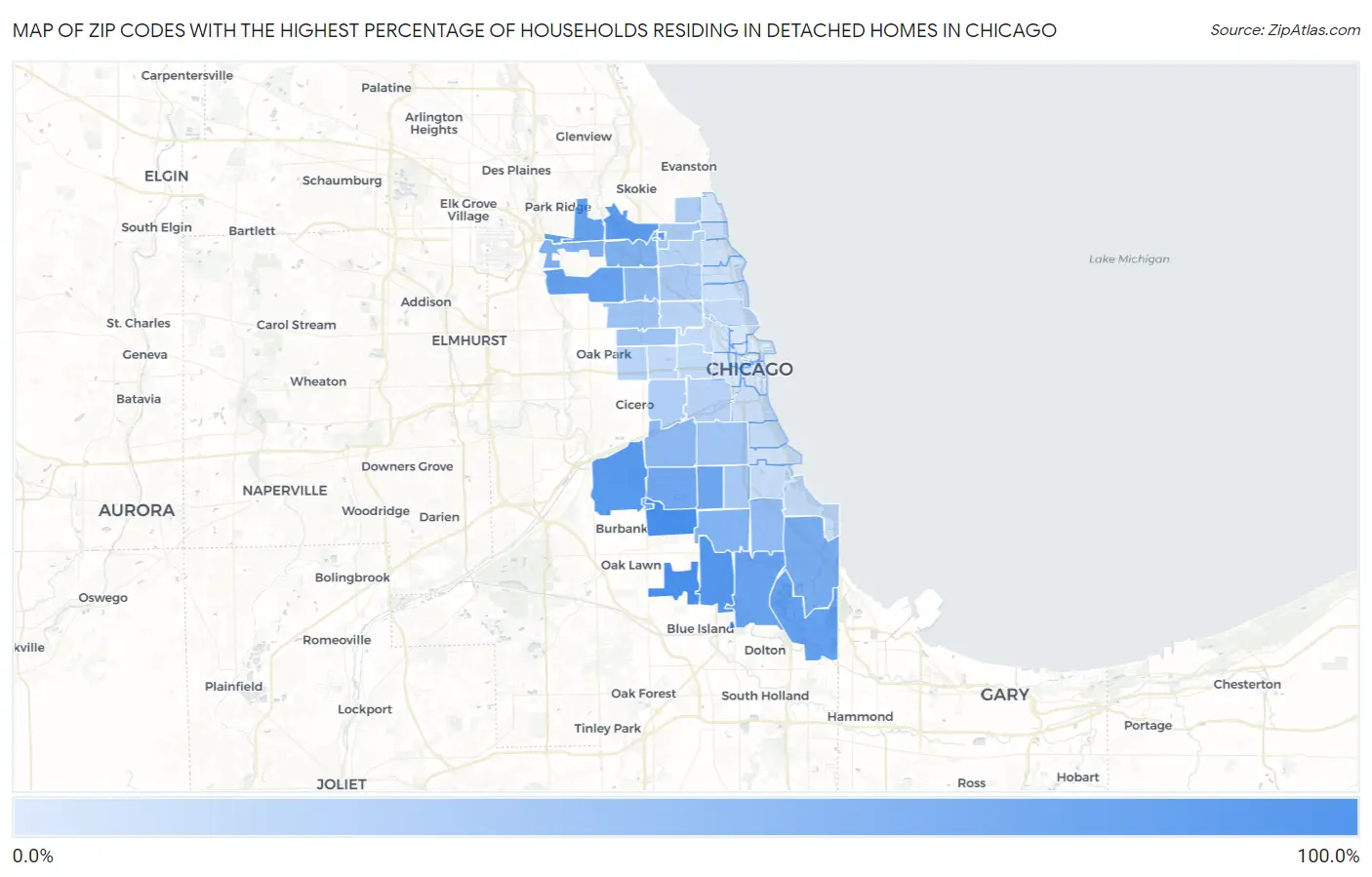 Zip Codes with the Highest Percentage of Households Residing in Detached Homes in Chicago Map