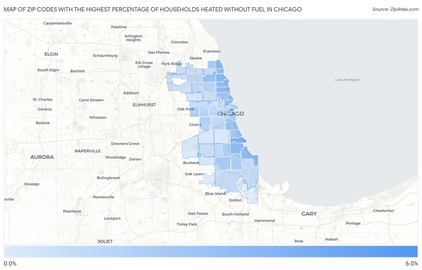 Zip Codes with the Highest Percentage of Households Heated without Fuel in Chicago Map