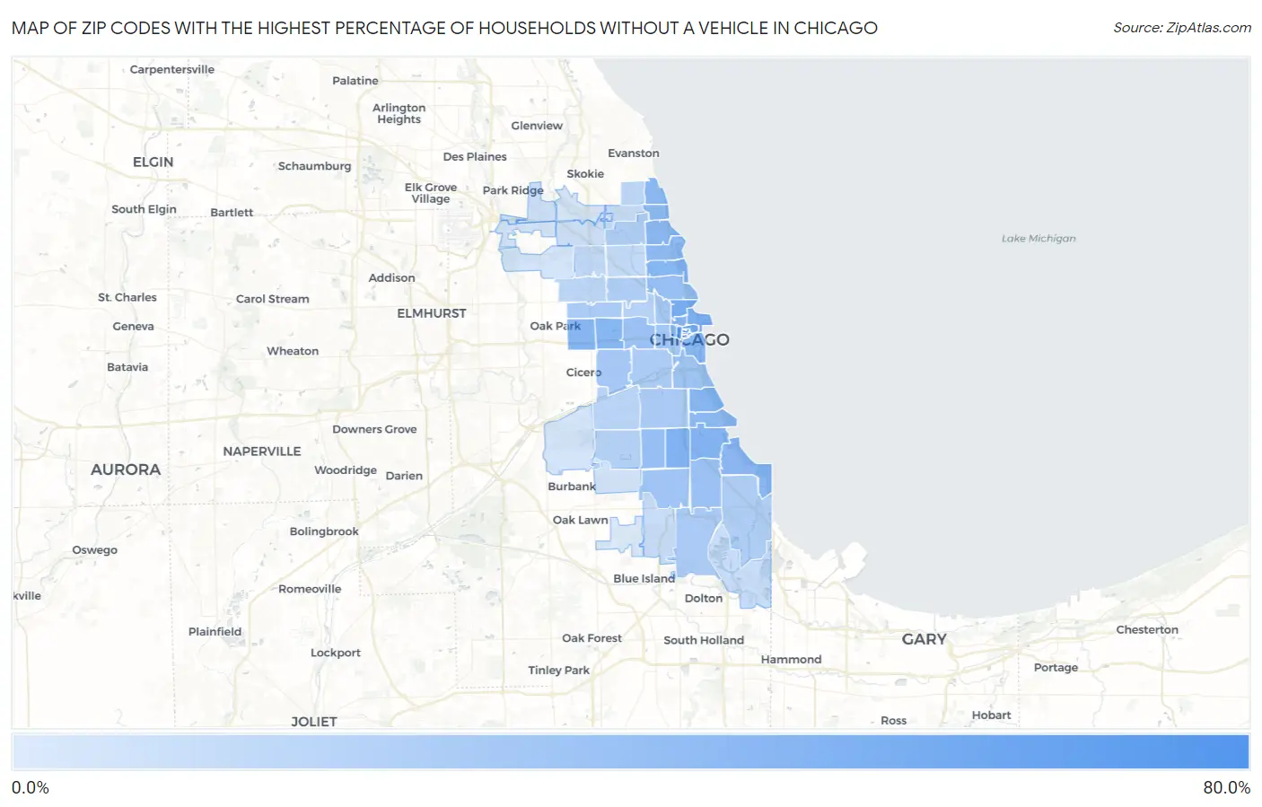 Zip Codes with the Highest Percentage of Households Without a Vehicle in Chicago Map