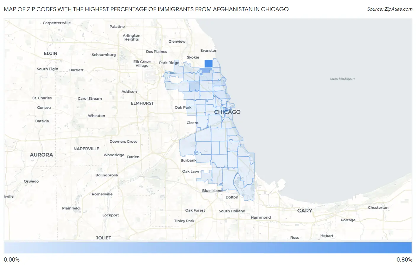 Zip Codes with the Highest Percentage of Immigrants from Afghanistan in Chicago Map