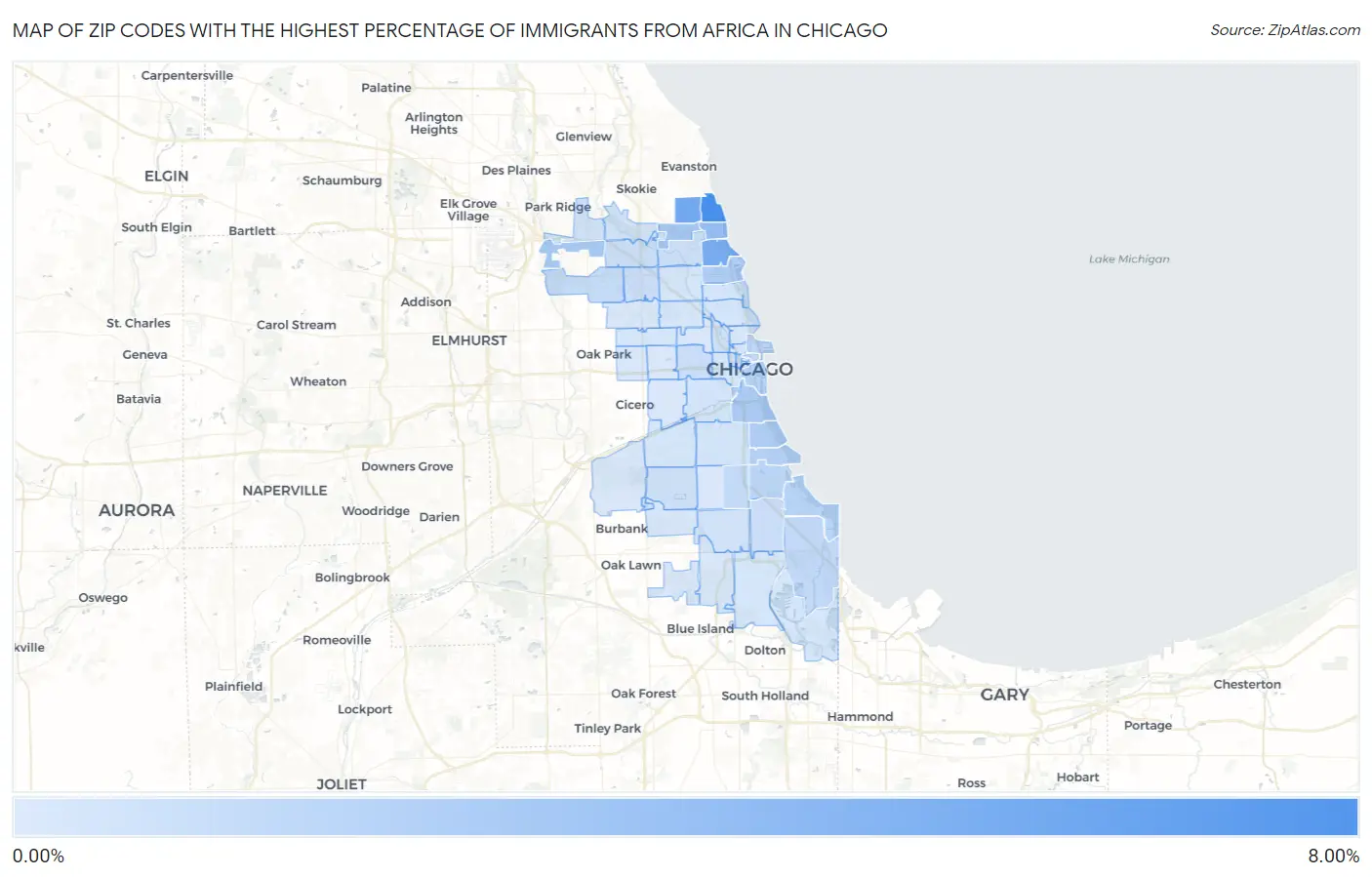 Zip Codes with the Highest Percentage of Immigrants from Africa in Chicago Map