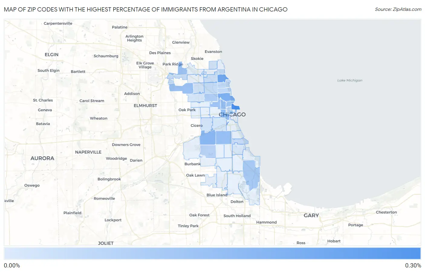 Zip Codes with the Highest Percentage of Immigrants from Argentina in Chicago Map