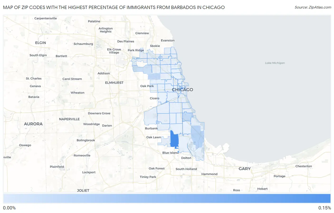 Zip Codes with the Highest Percentage of Immigrants from Barbados in Chicago Map