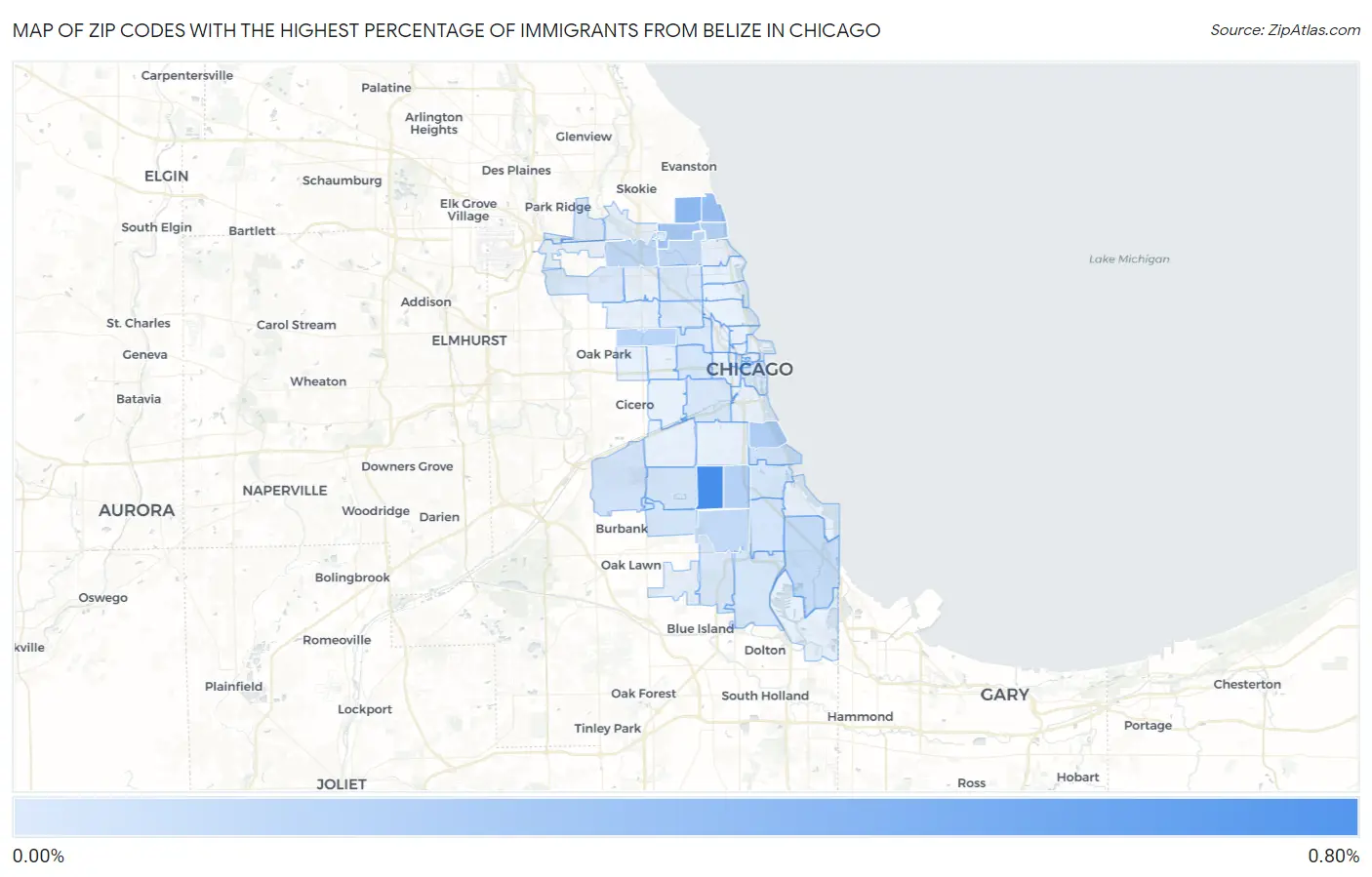Zip Codes with the Highest Percentage of Immigrants from Belize in Chicago Map