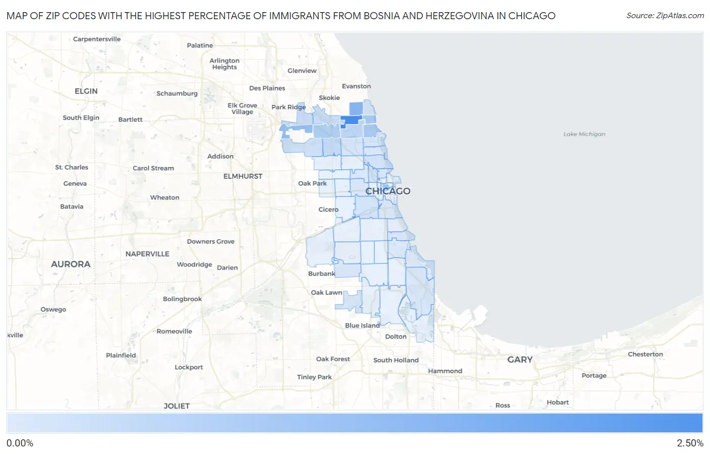 Zip Codes with the Highest Percentage of Immigrants from Bosnia and Herzegovina in Chicago Map
