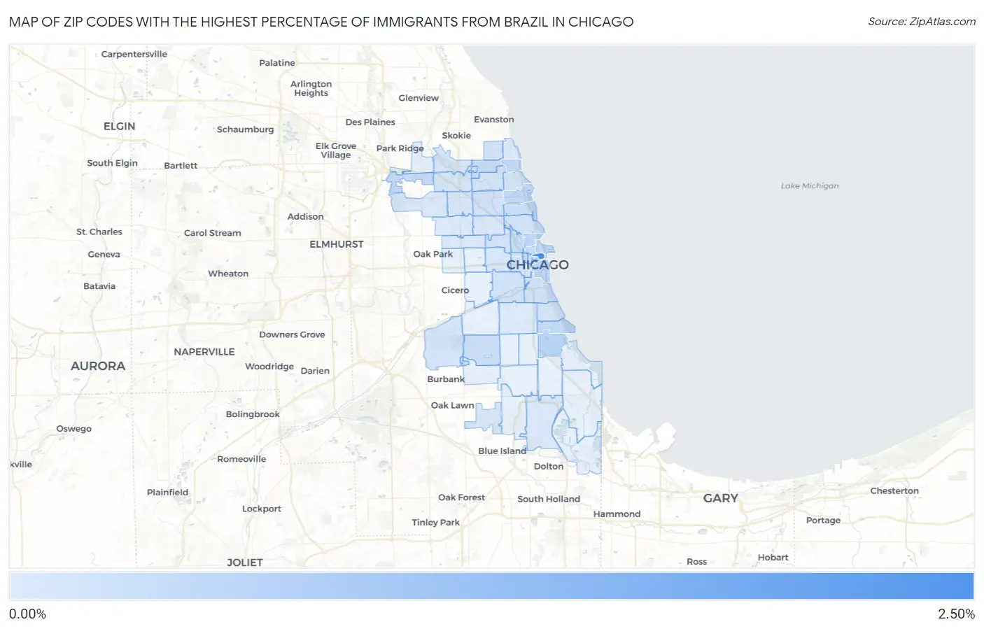 Zip Codes with the Highest Percentage of Immigrants from Brazil in Chicago Map