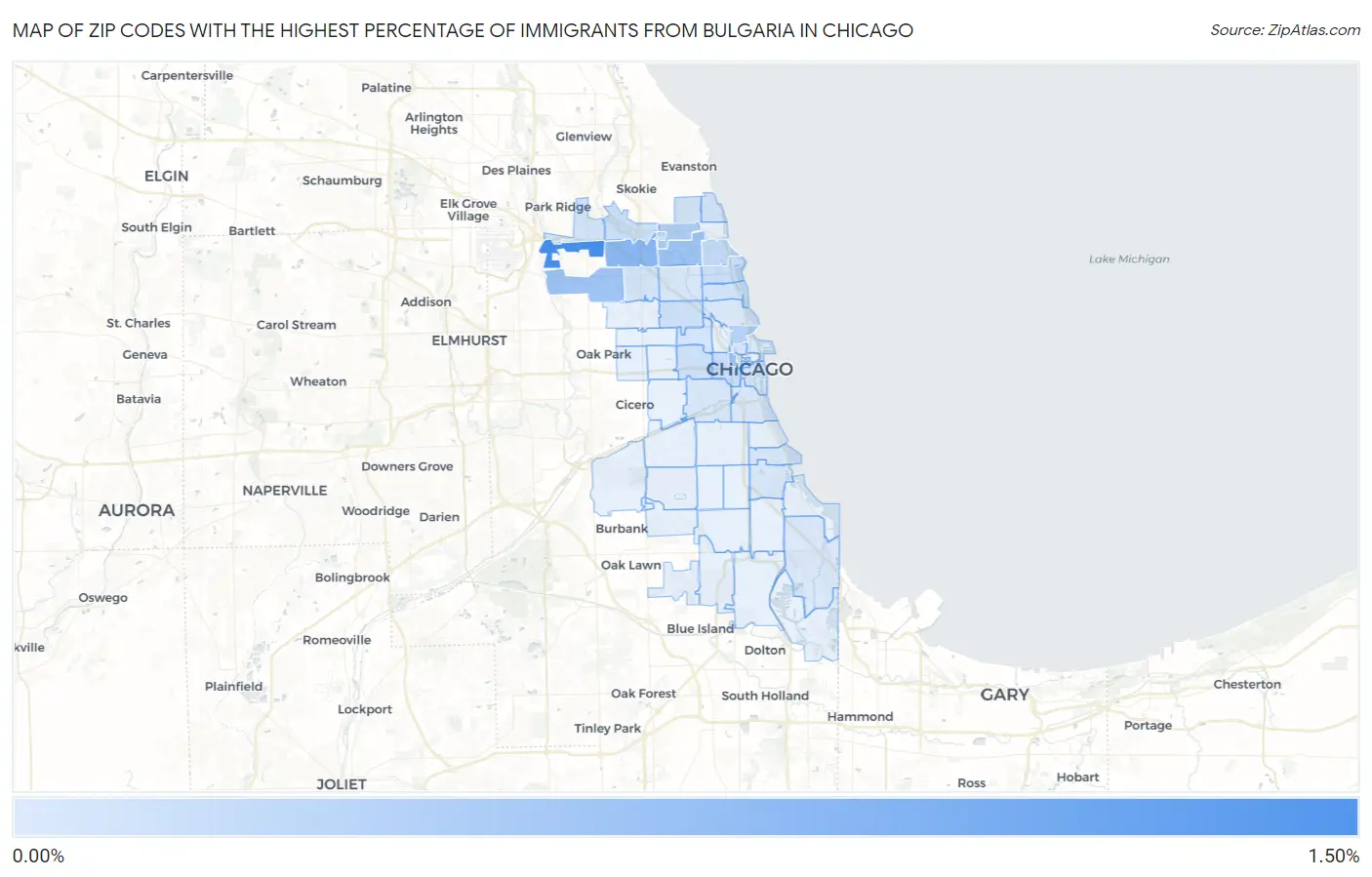 Zip Codes with the Highest Percentage of Immigrants from Bulgaria in Chicago Map