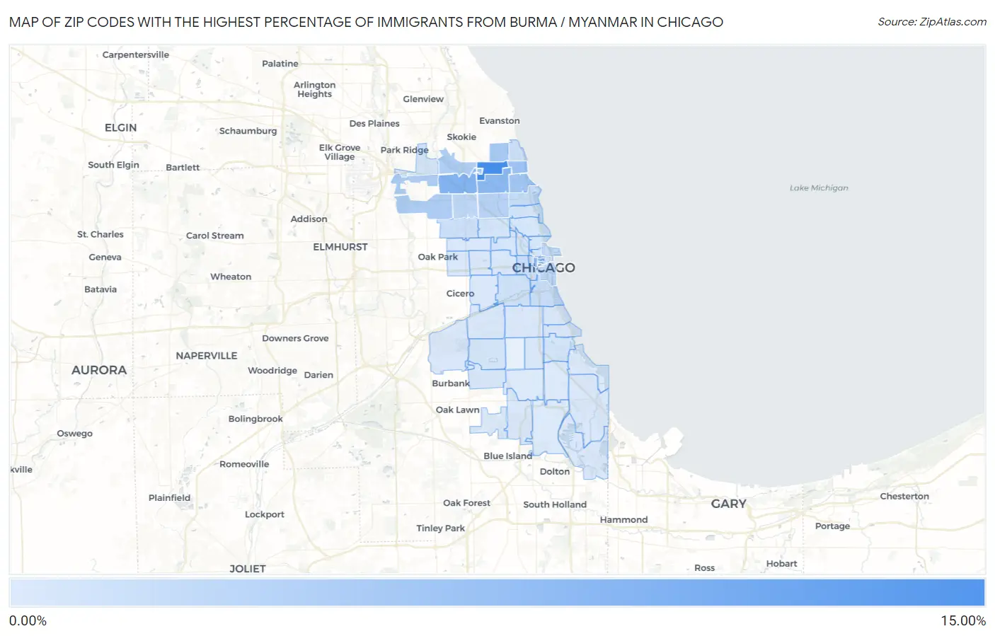 Zip Codes with the Highest Percentage of Immigrants from Burma / Myanmar in Chicago Map