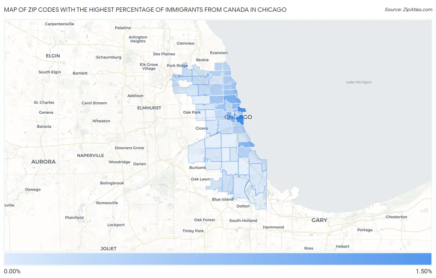 Zip Codes with the Highest Percentage of Immigrants from Canada in Chicago Map